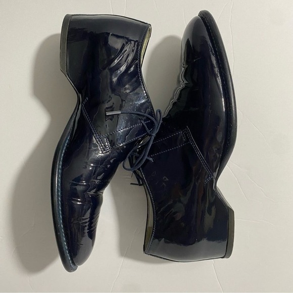 Maison Margiela Navy Patent Leather Lace Up Derby Dress Shoes White Stitch Heel - Picture 11 of 14